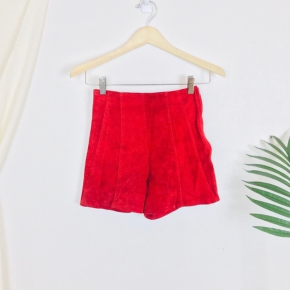 Vtg 80s Firenze Red Suede Leather High Rise Shorts - Picture 2 of 8